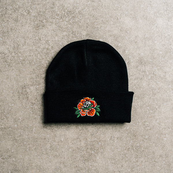 ROSE SKULL BEANIE - BLACK